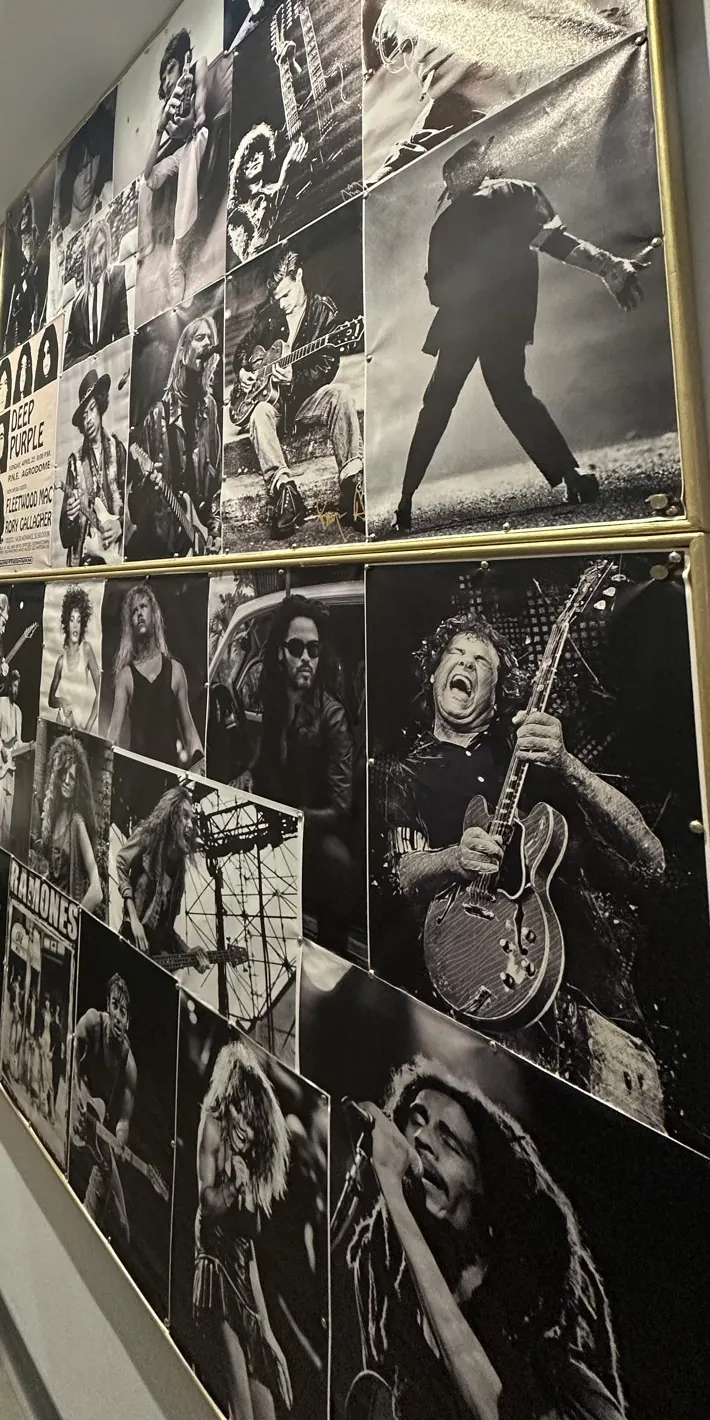 Pared cubierta de pósters de rock en blanco y negro con marcos dorados